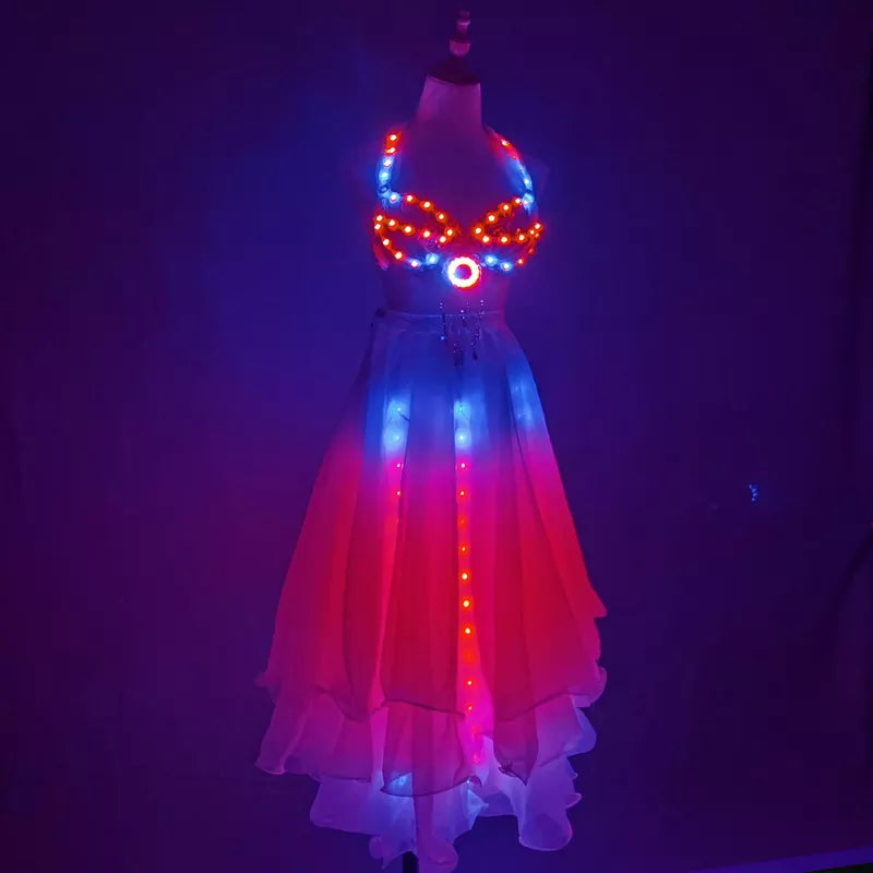 LED Color Lights Women Belly Dance Split Skirt Sexy