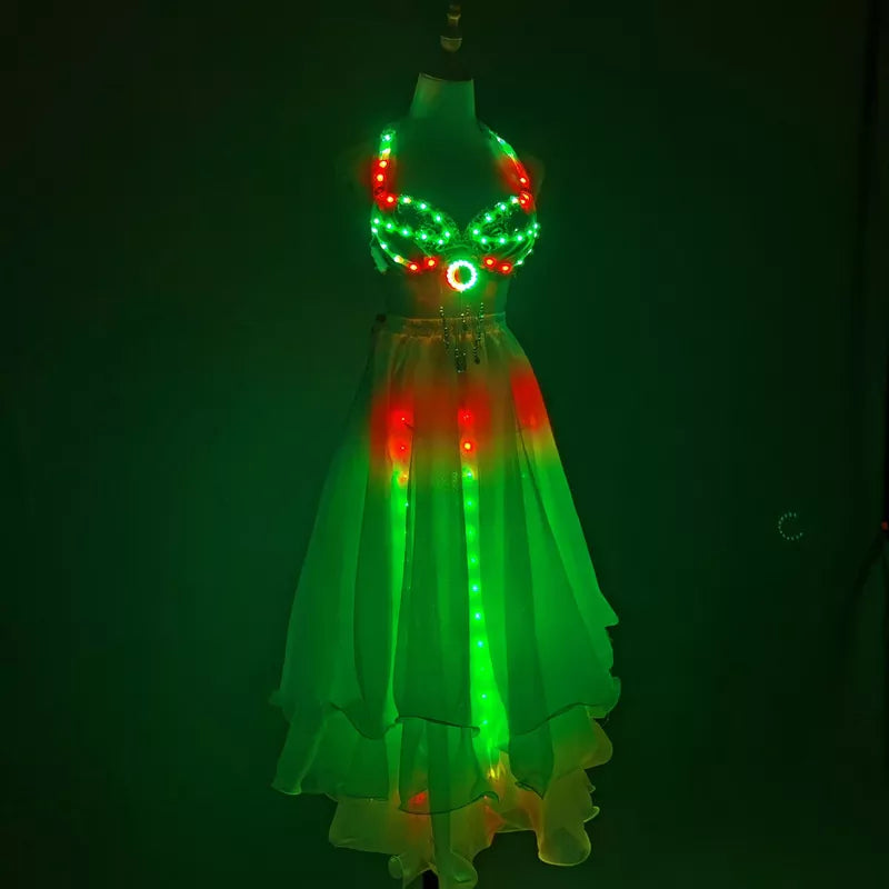 LED Color Lights Women Belly Dance Split Skirt Sexy