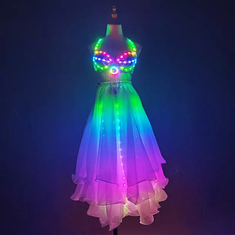 LED Color Lights Women Belly Dance Split Skirt Sexy